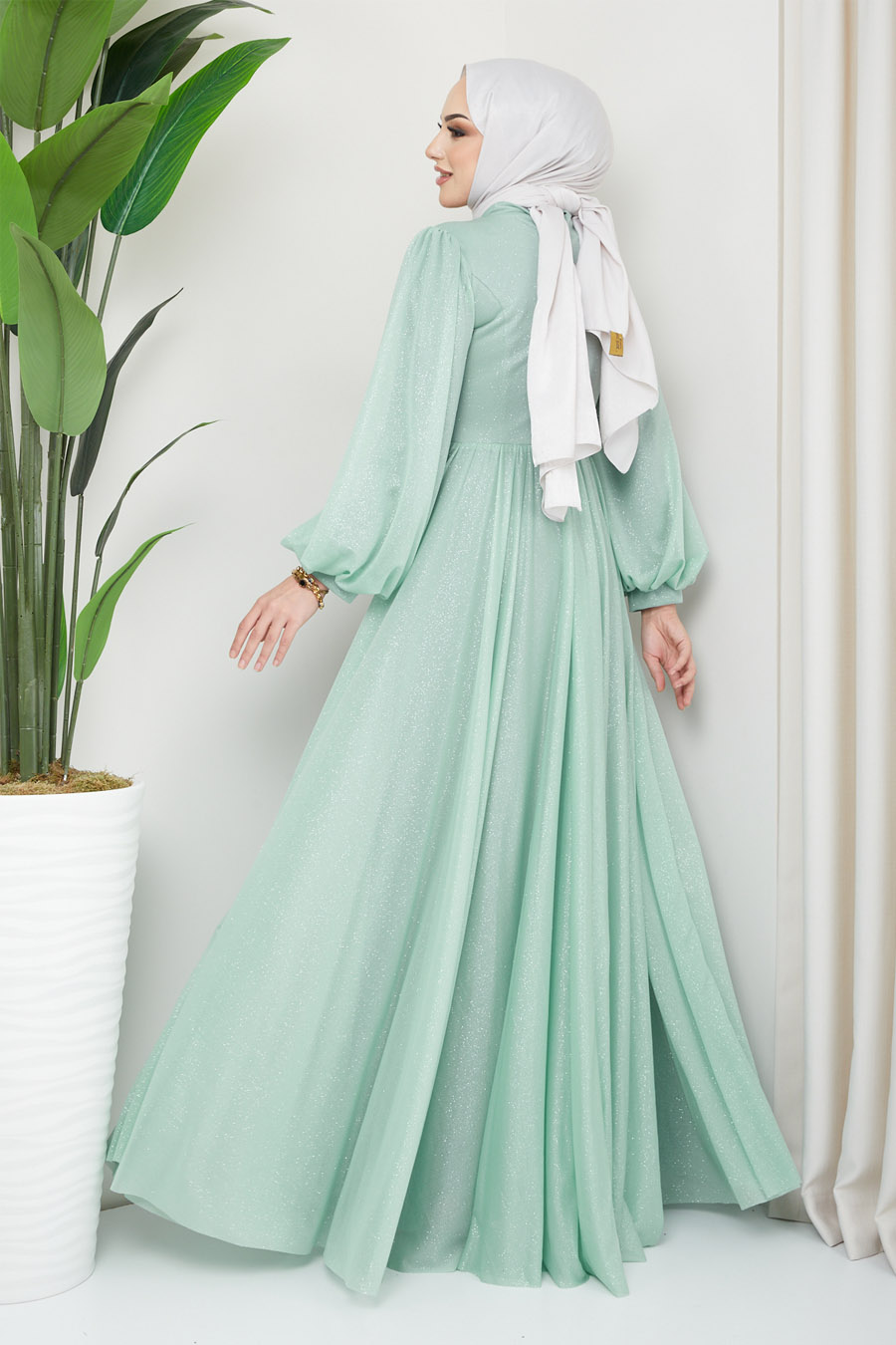 Işıltılı Tesettür Abiye Elbise - Çağla Yeşili