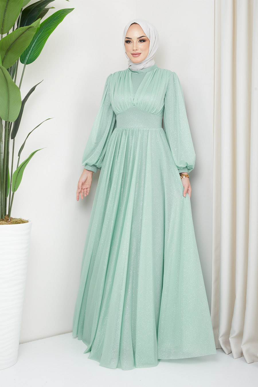 Işıltılı Tesettür Abiye Elbise - Çağla Yeşili