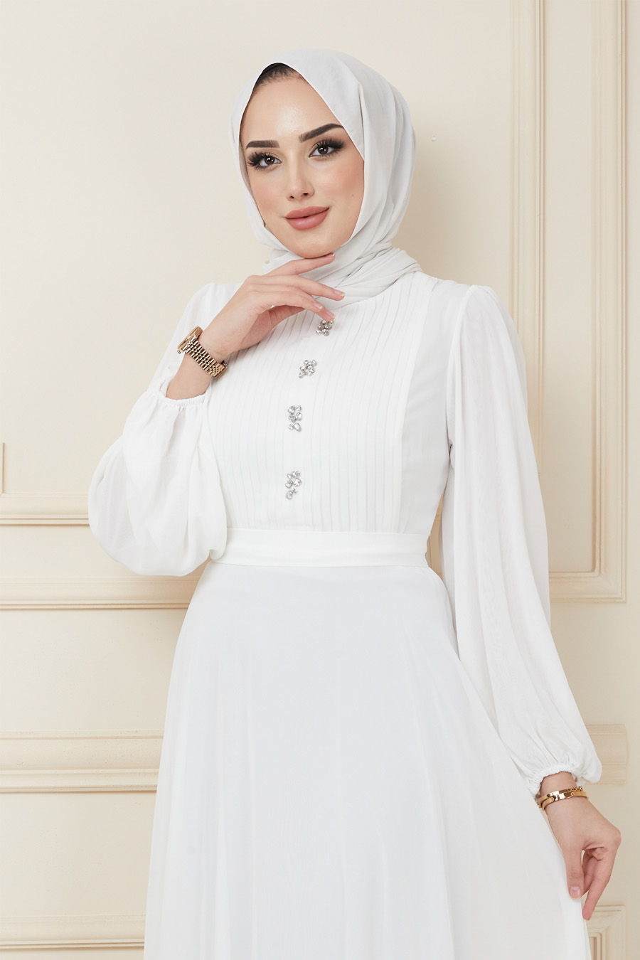 Tesettür Abiye Elbise - Beyaz