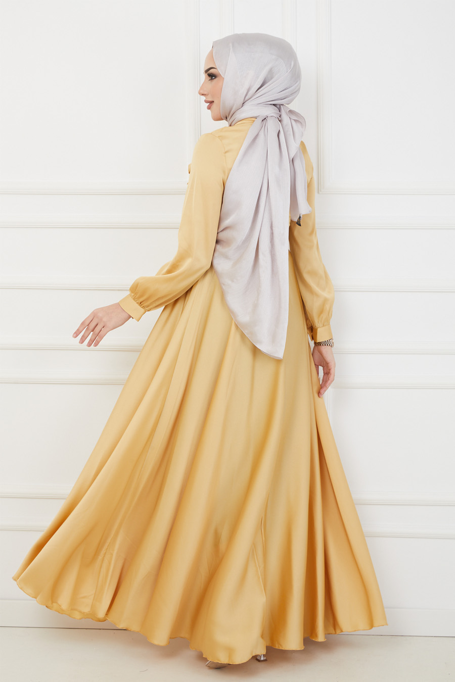Kemerli Tesettür Abiye Elbise - Sarı
