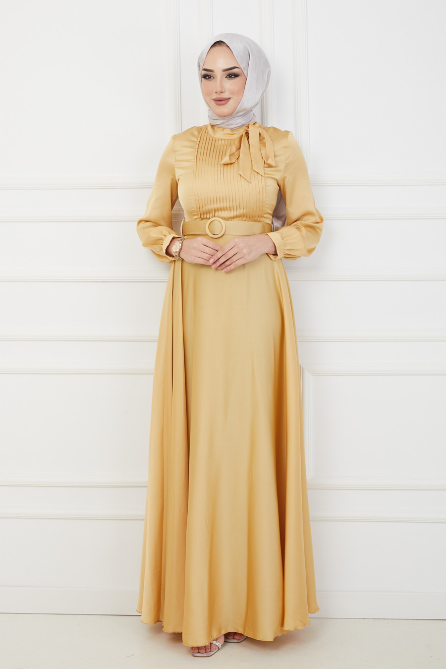 Kemerli Tesettür Abiye Elbise - Sarı
