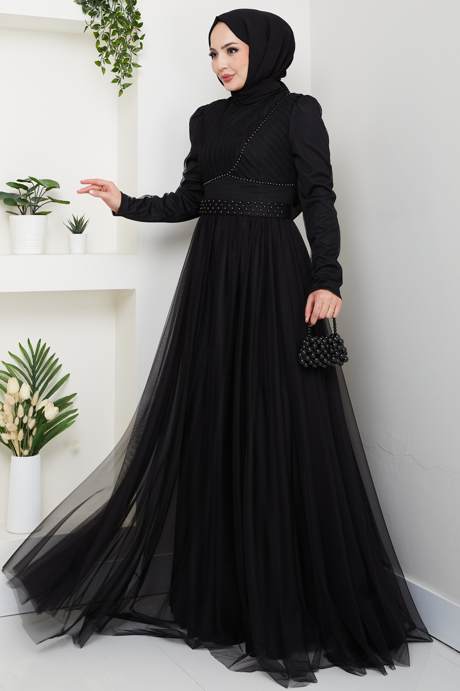 Taş Detaylı Tesettür Abiye Elbise - Siyah