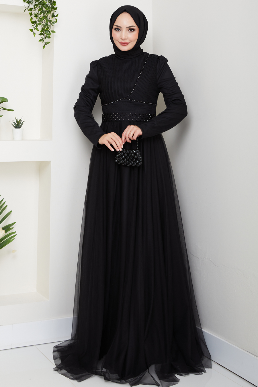 Taş Detaylı Tesettür Abiye Elbise - Siyah