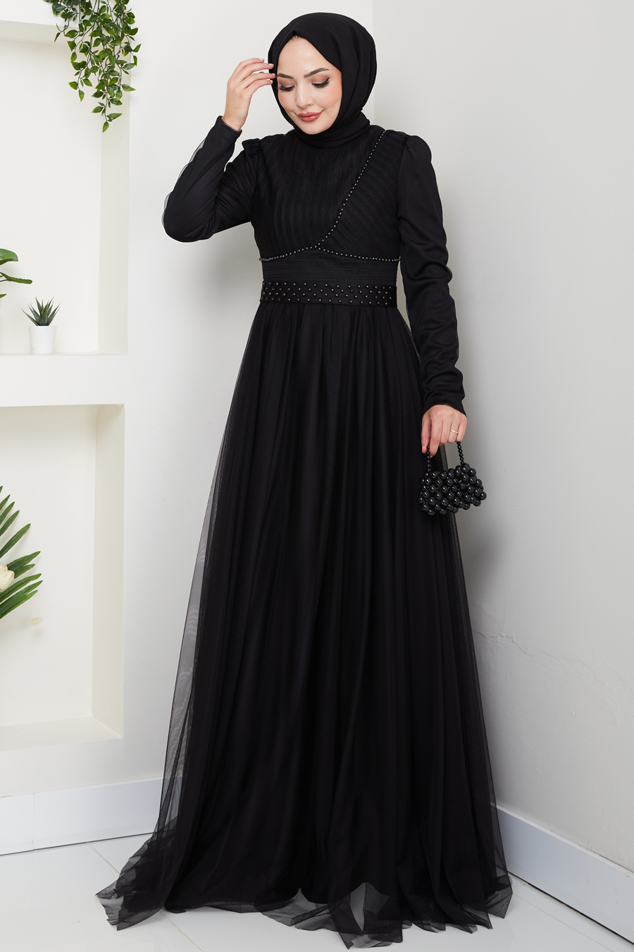 Taş Detaylı Tesettür Abiye Elbise - Siyah