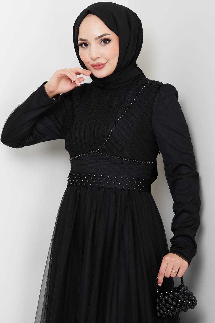 Taş Detaylı Tesettür Abiye Elbise - Siyah
