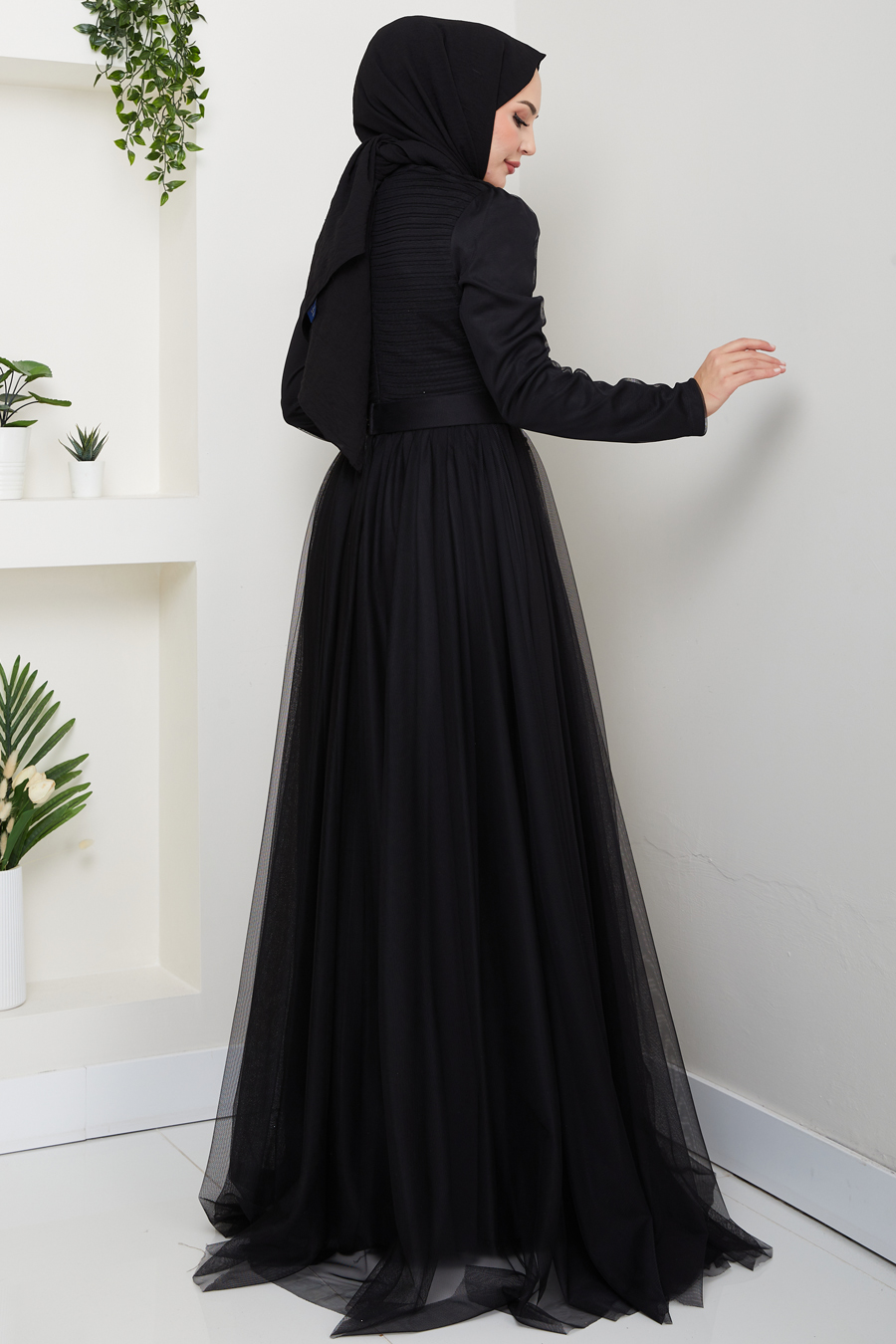 Taş Detaylı Tesettür Abiye Elbise - Siyah