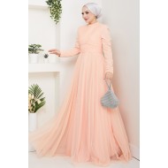 Taş Detaylı Tesettür Abiye Elbise - Somon