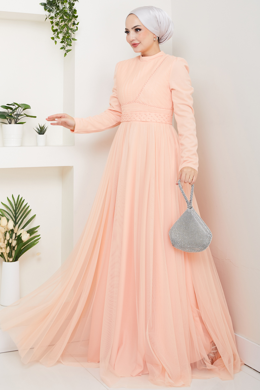 Taş Detaylı Tesettür Abiye Elbise - Somon