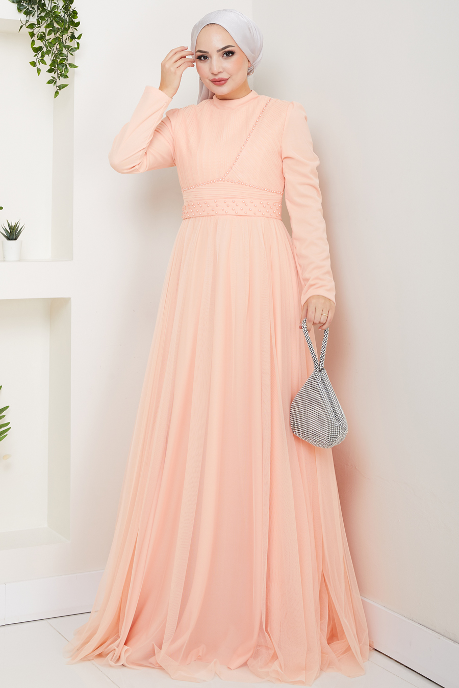 Taş Detaylı Tesettür Abiye Elbise - Somon