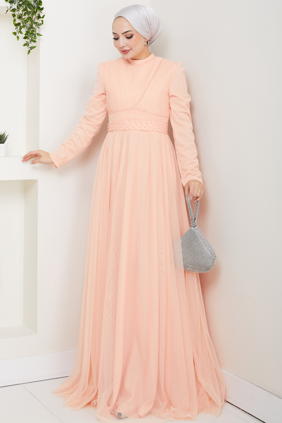 Taş Detaylı Tesettür Abiye Elbise - Somon