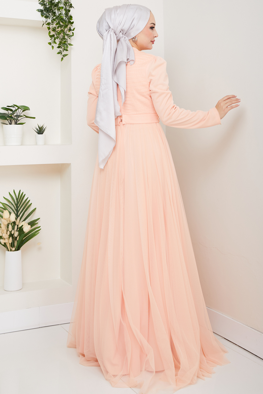 Taş Detaylı Tesettür Abiye Elbise - Somon