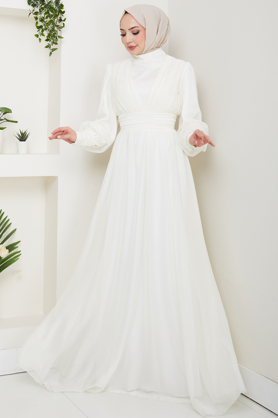 Tesettür Abiye Elbise - Ekru