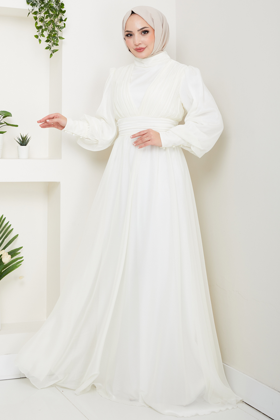 Tesettür Abiye Elbise - Ekru