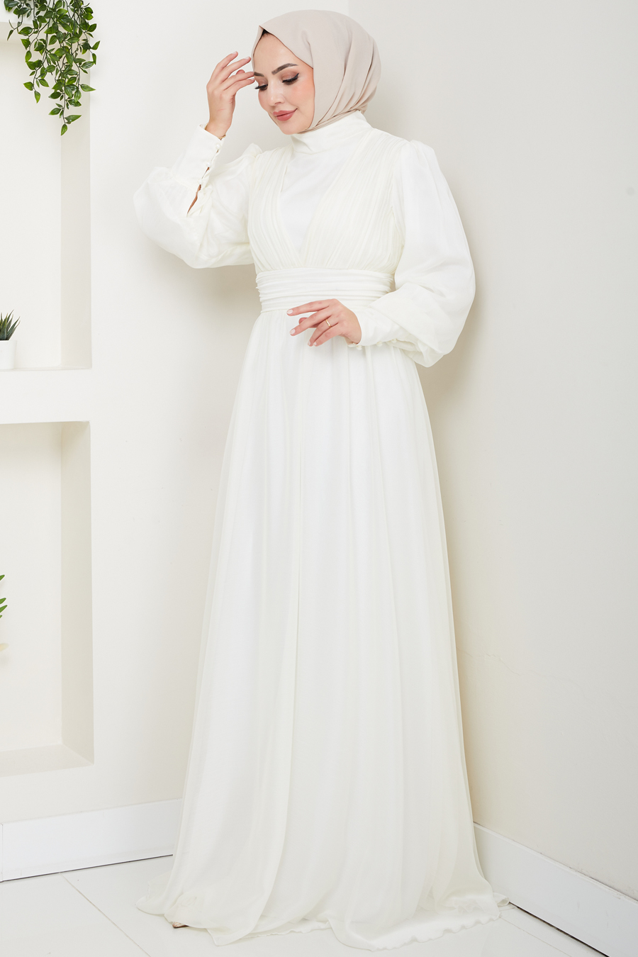 Tesettür Abiye Elbise - Ekru
