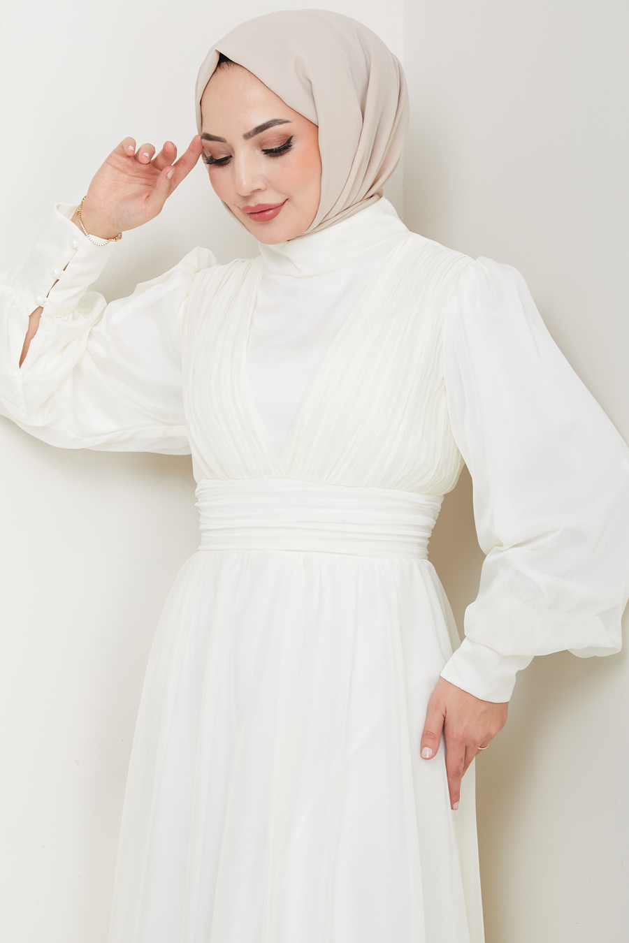 Tesettür Abiye Elbise - Ekru