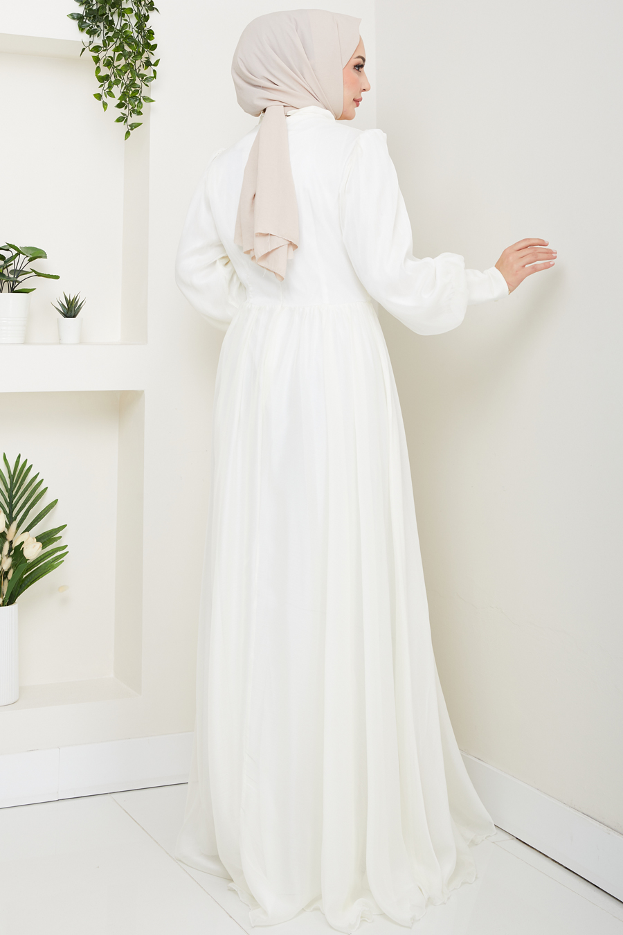 Tesettür Abiye Elbise - Ekru