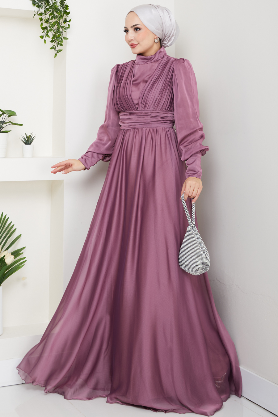 Tesettür Abiye Elbise - GÜL KURUSU