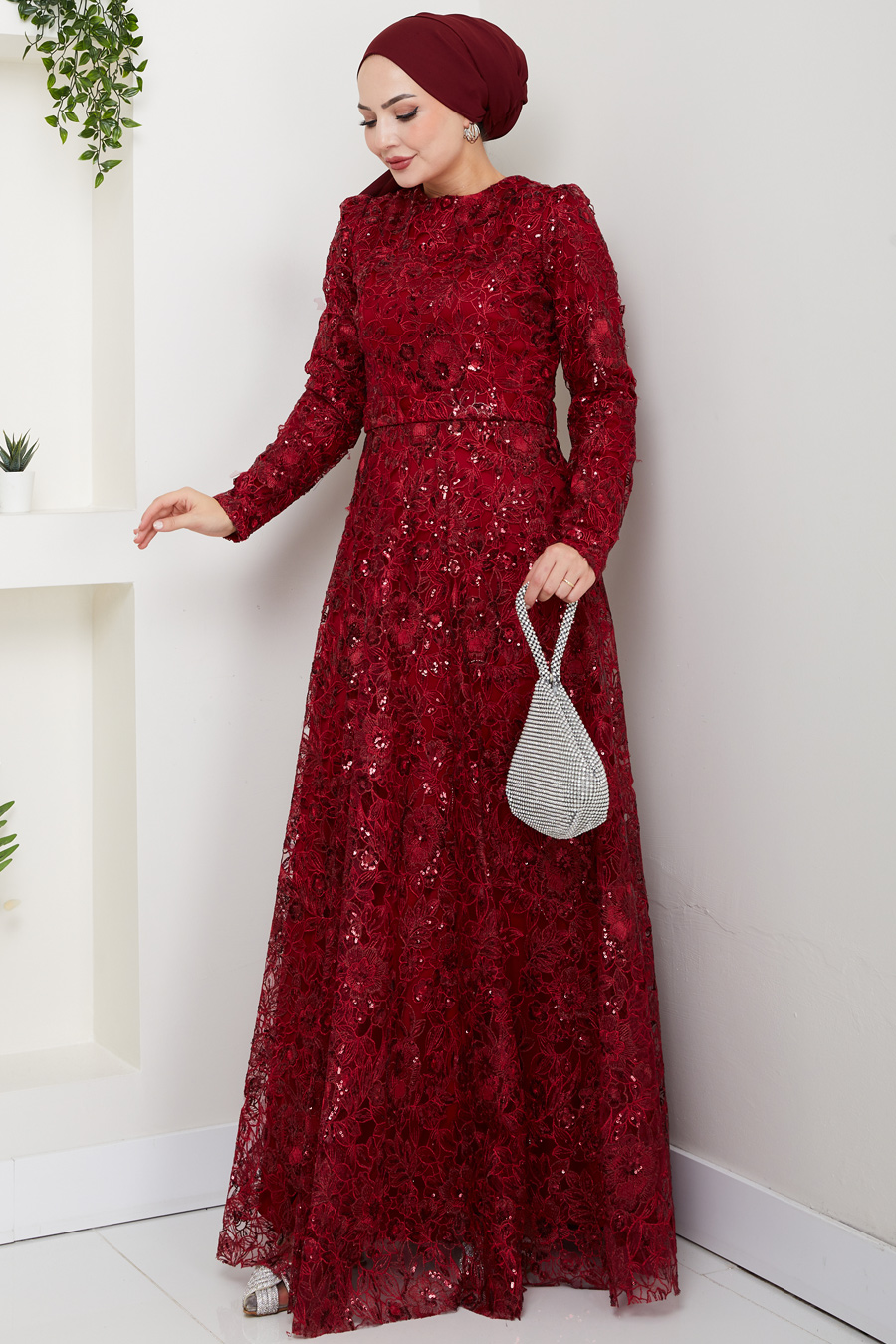 Dantel Tesettür Abiye Elbise - Bordo