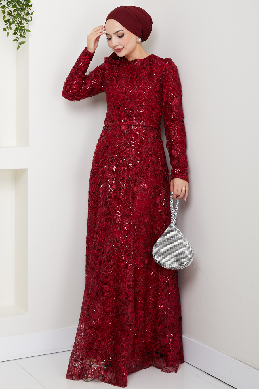 Dantel Tesettür Abiye Elbise - Bordo