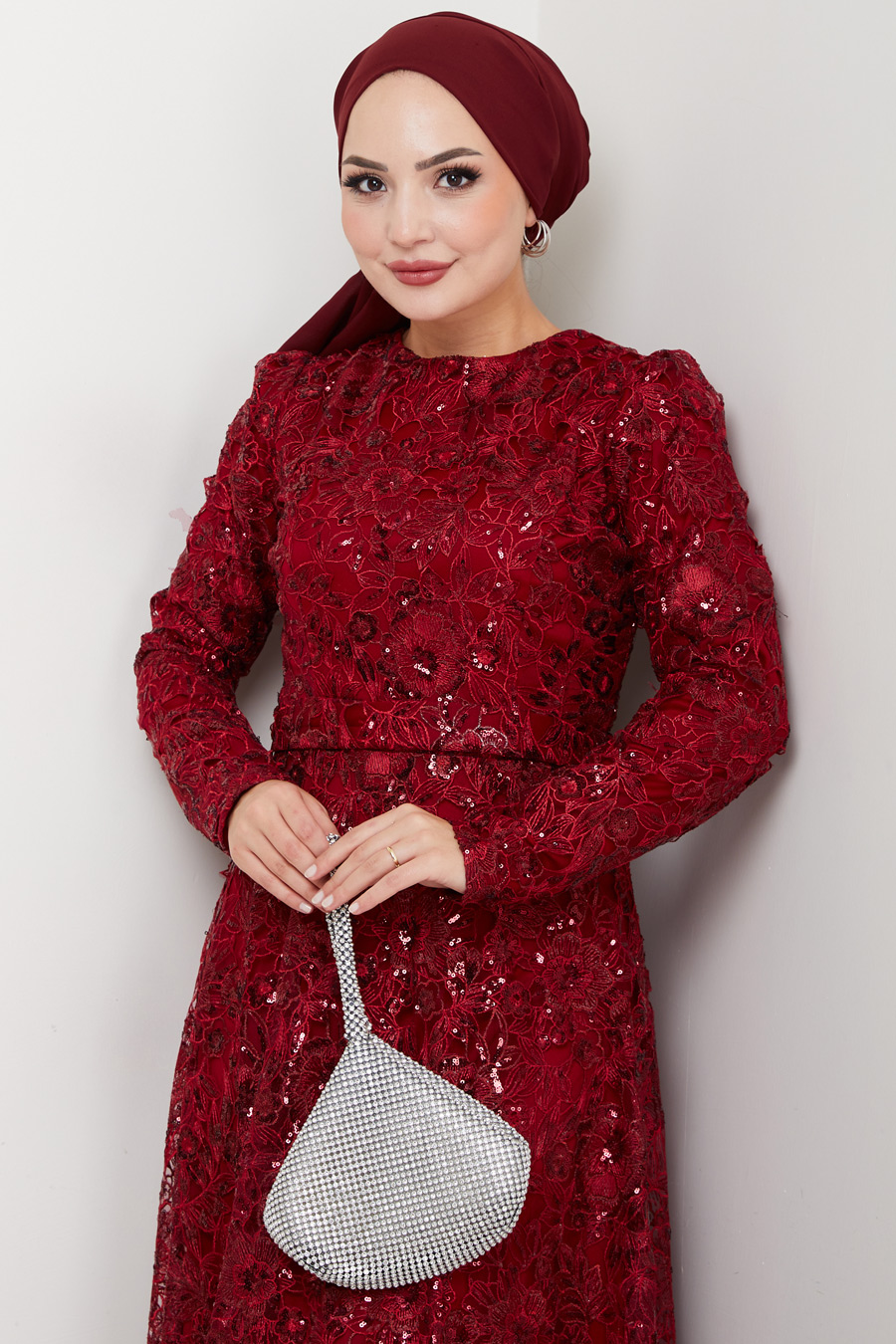 Dantel Tesettür Abiye Elbise - Bordo
