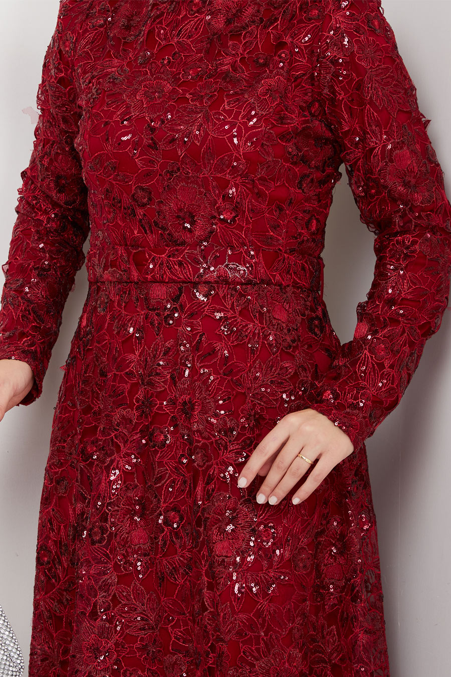 Dantel Tesettür Abiye Elbise - Bordo
