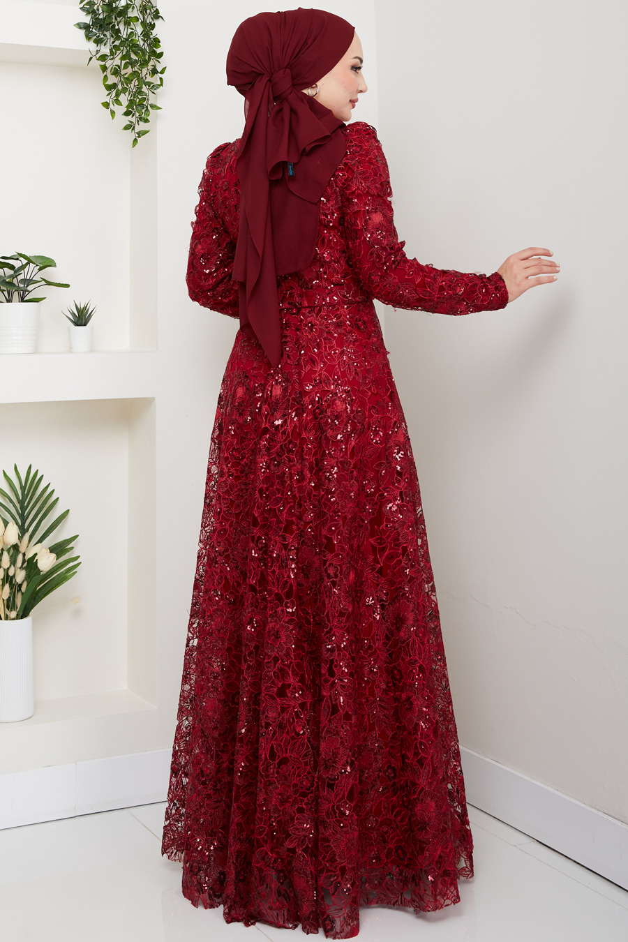 Dantel Tesettür Abiye Elbise - Bordo