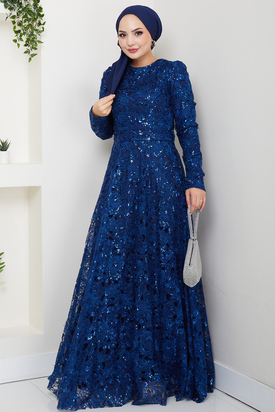 Dantel Tesettür Abiye Elbise - LACİVERT