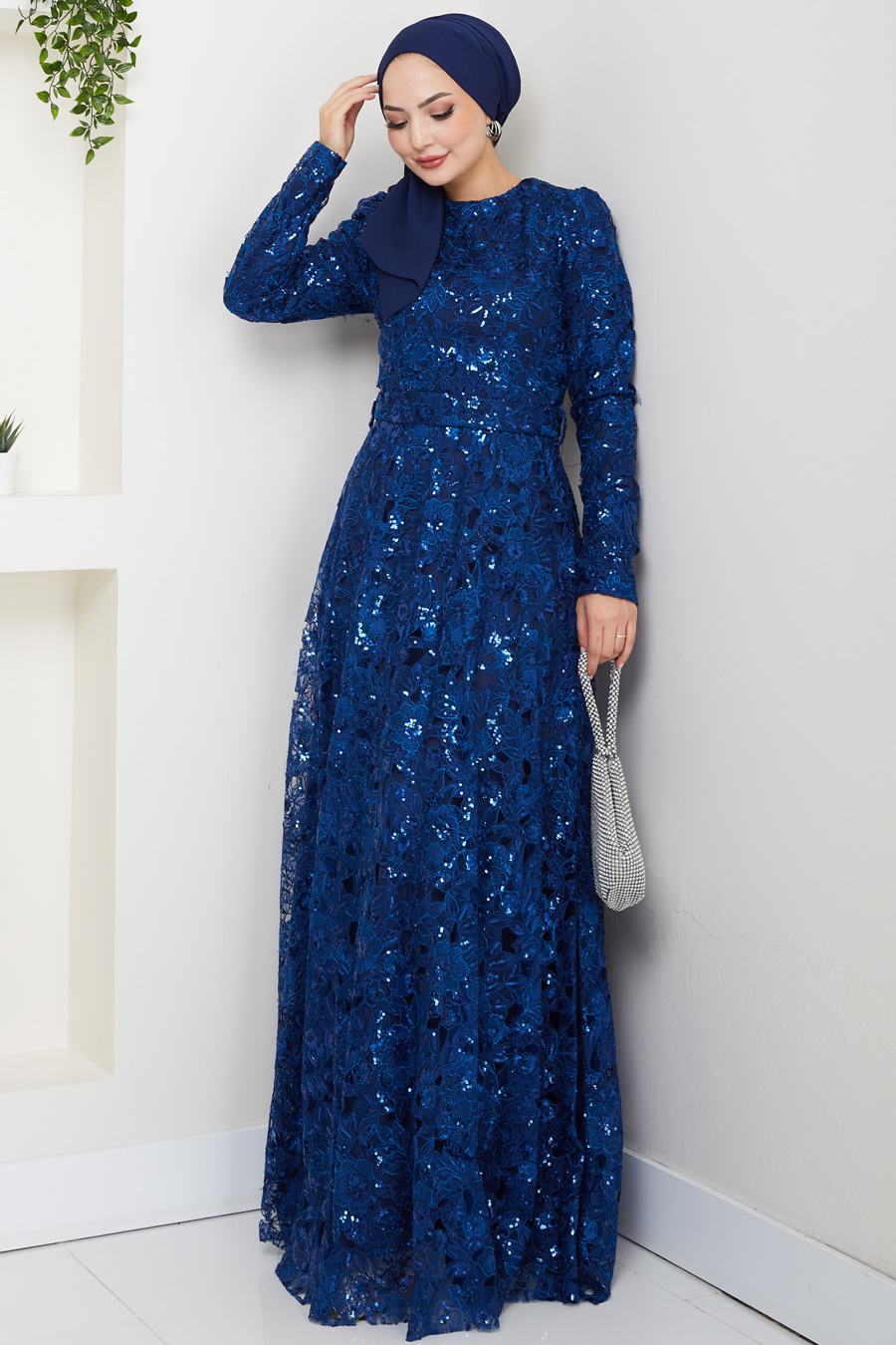 Dantel Tesettür Abiye Elbise - LACİVERT
