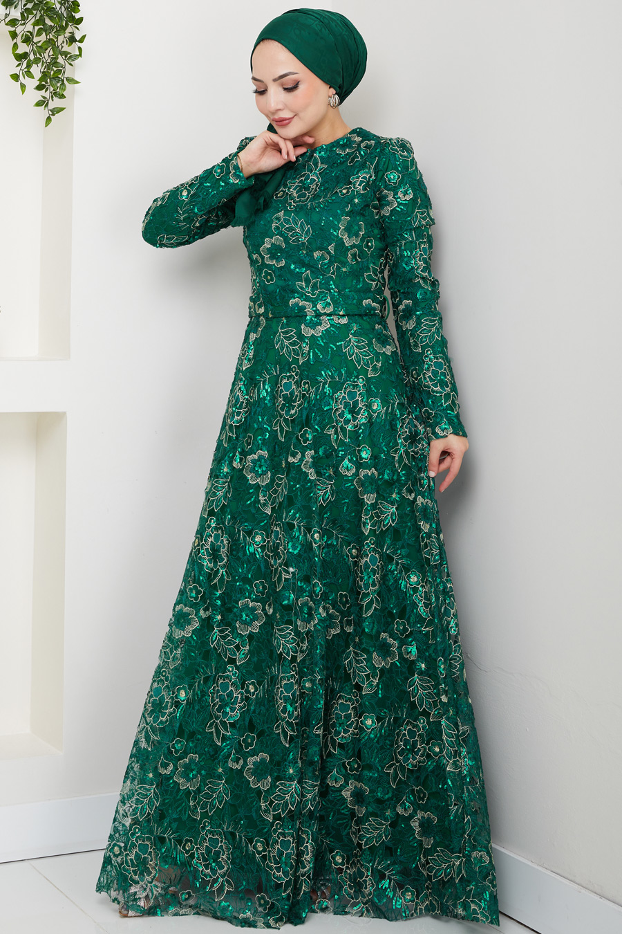 Dantel Tesettür Abiye Elbise - Yeşil
