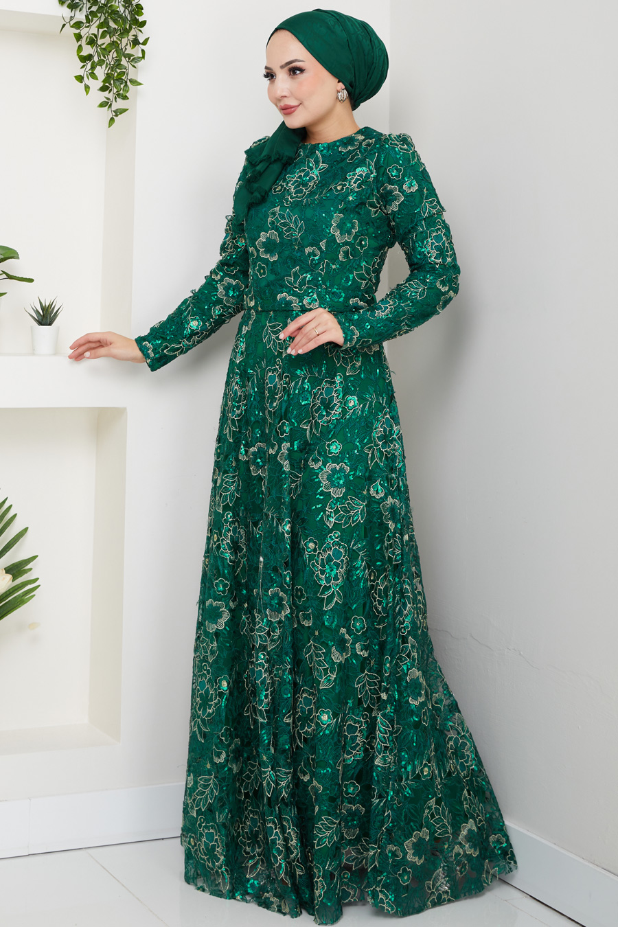 Dantel Tesettür Abiye Elbise - Yeşil