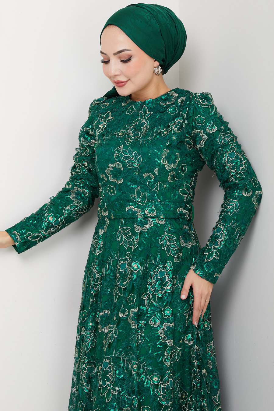 Dantel Tesettür Abiye Elbise - Yeşil