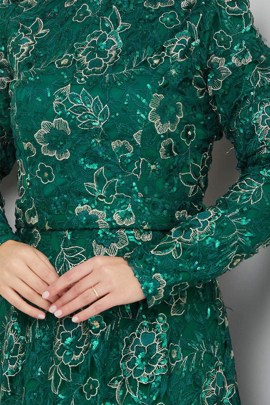 Dantel Tesettür Abiye Elbise - Yeşil