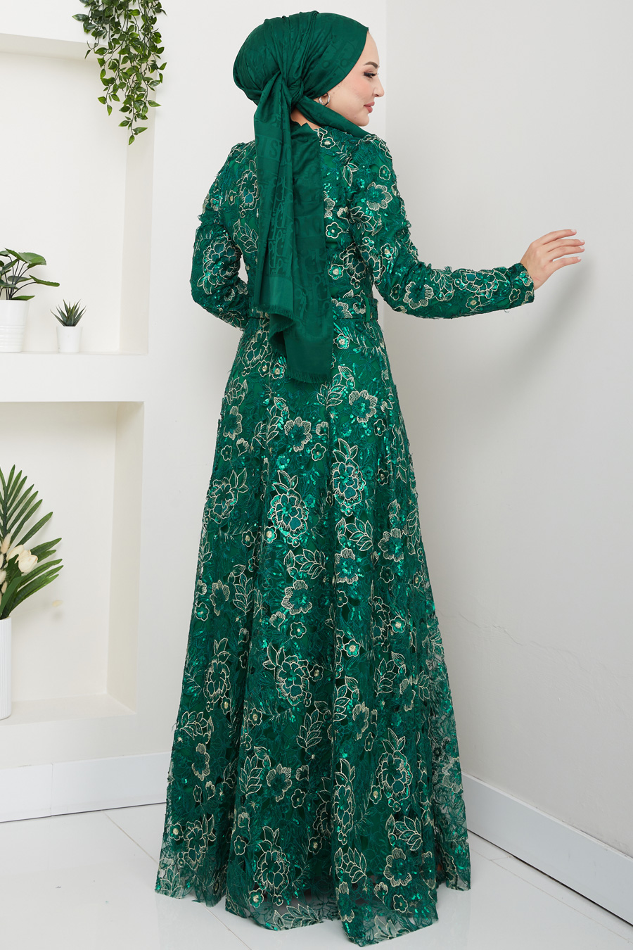 Dantel Tesettür Abiye Elbise - Yeşil