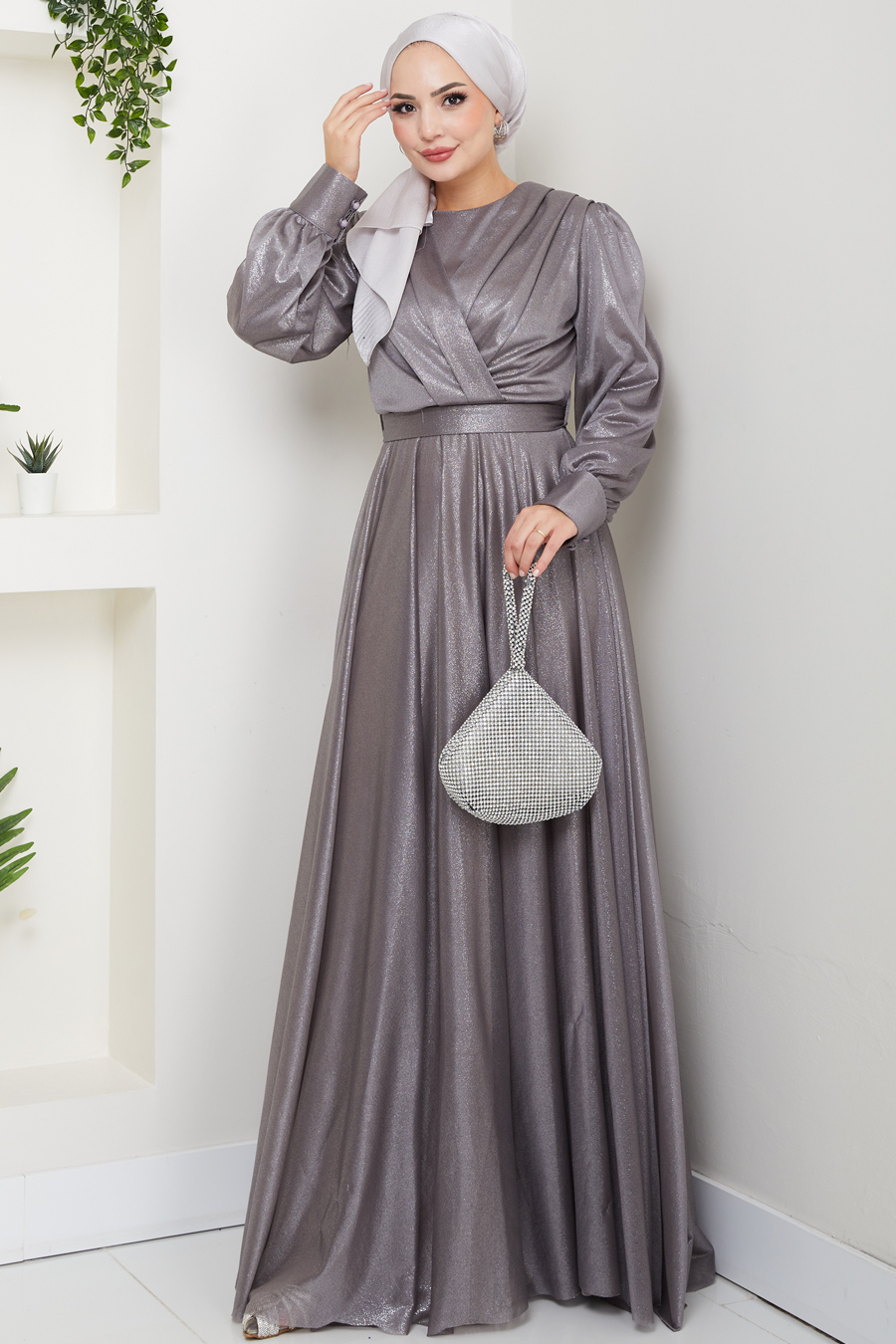 Tesettür Abiye Elbise - Gri