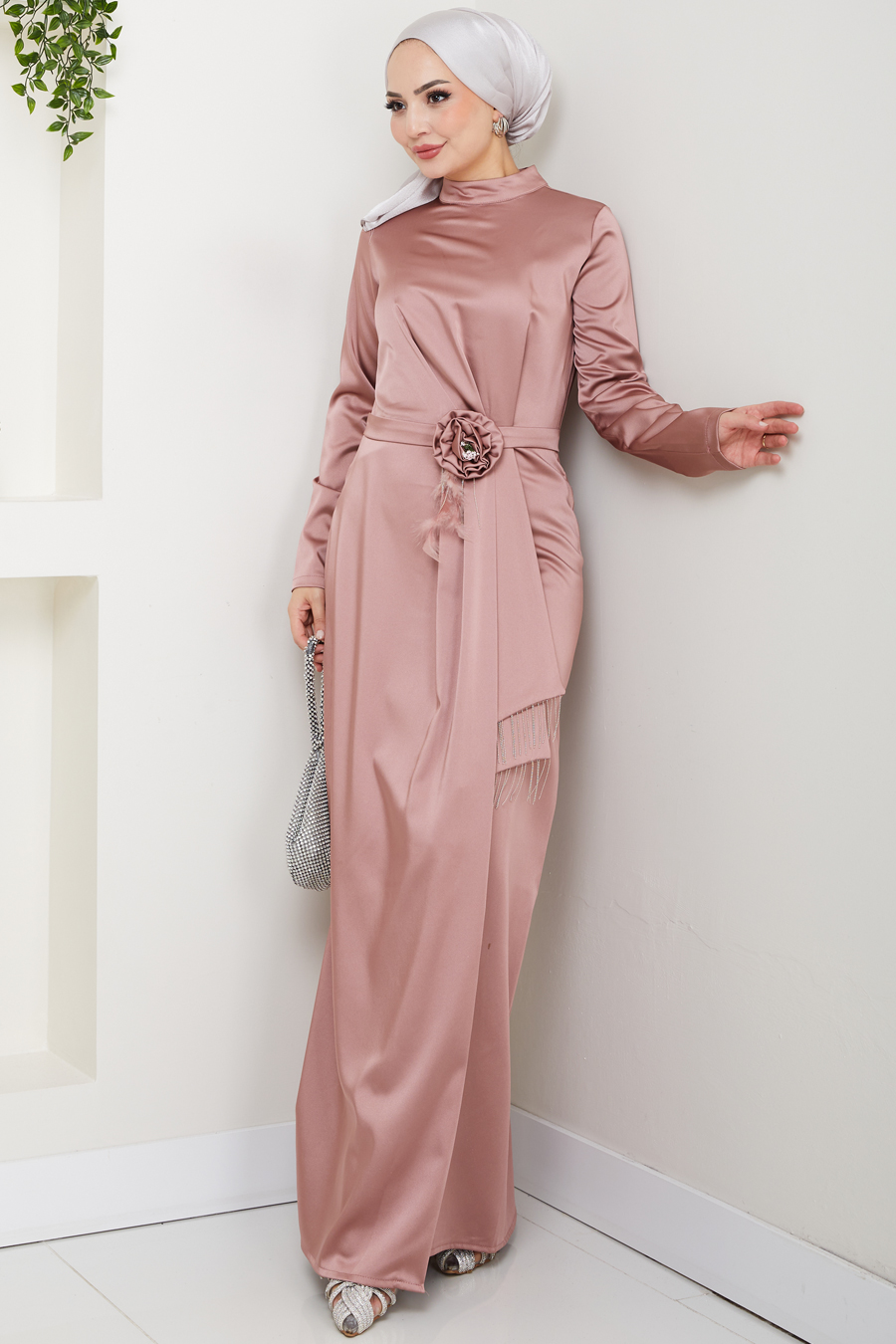 Düz Kesim Tesettür Abiye Elbise - Gül Kurusu