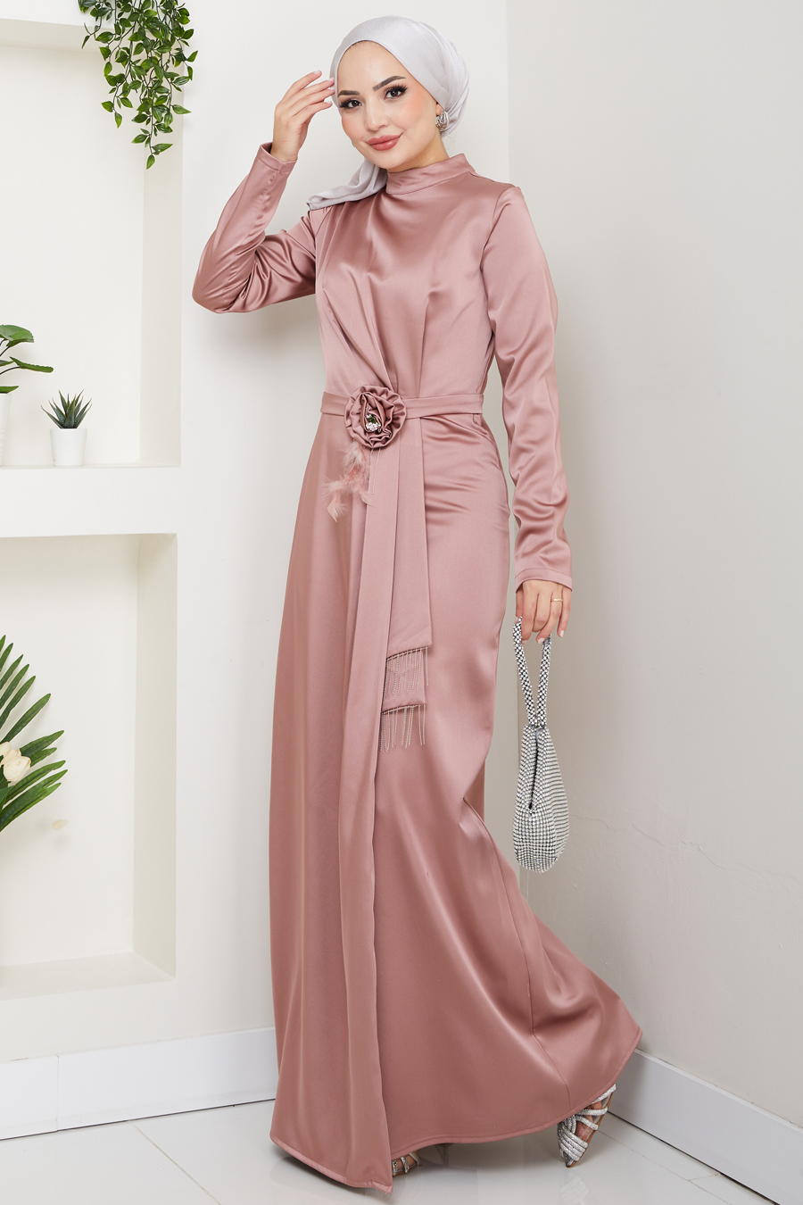 Düz Kesim Tesettür Abiye Elbise - Gül Kurusu