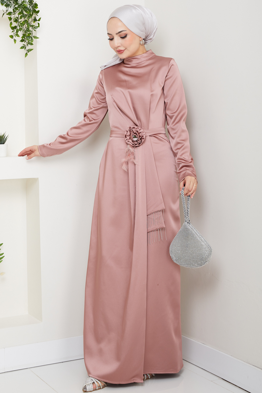 Düz Kesim Tesettür Abiye Elbise - Gül Kurusu