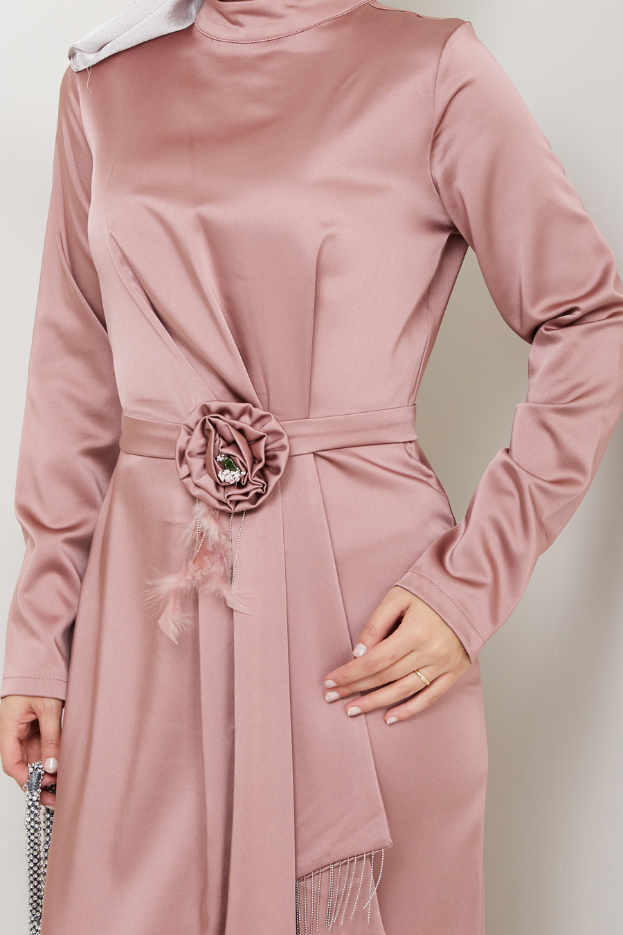 Düz Kesim Tesettür Abiye Elbise - Gül Kurusu