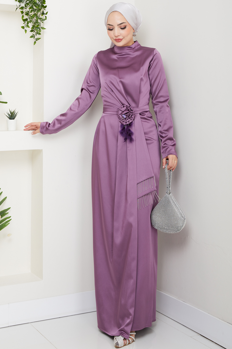Düz Kesim Tesettür Abiye Elbise - Mor