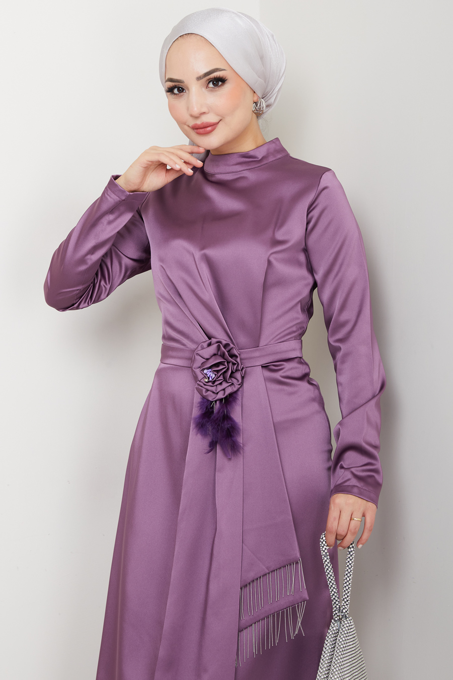 Düz Kesim Tesettür Abiye Elbise - Mor