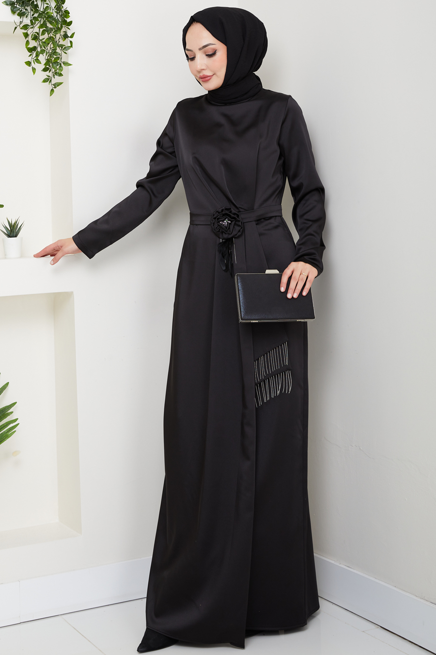 Düz Kesim Tesettür Abiye Elbise - Siyah