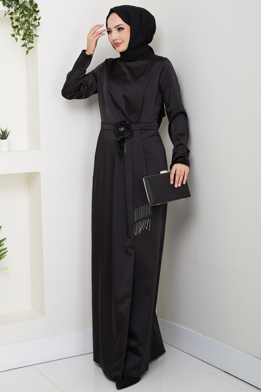 Düz Kesim Tesettür Abiye Elbise - Siyah