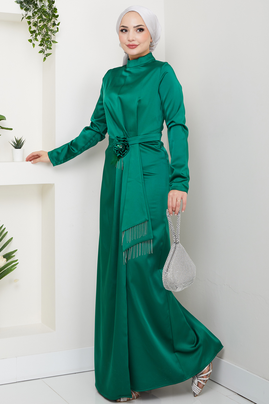 Düz Kesim Tesettür Abiye Elbise - Yeşil