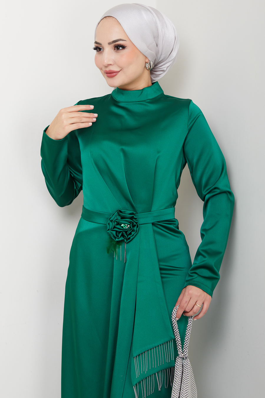 Düz Kesim Tesettür Abiye Elbise - Yeşil