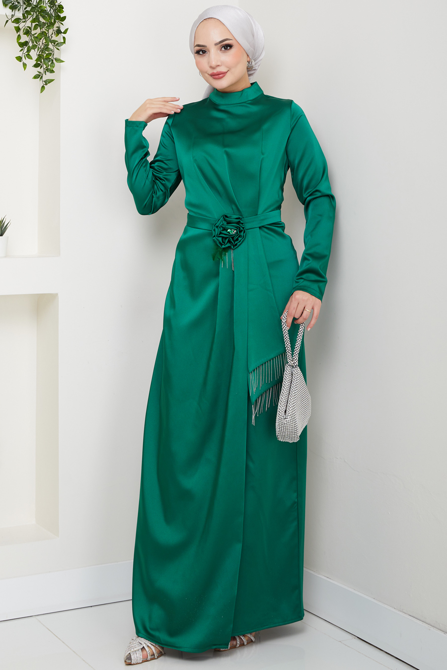 Düz Kesim Tesettür Abiye Elbise - Yeşil