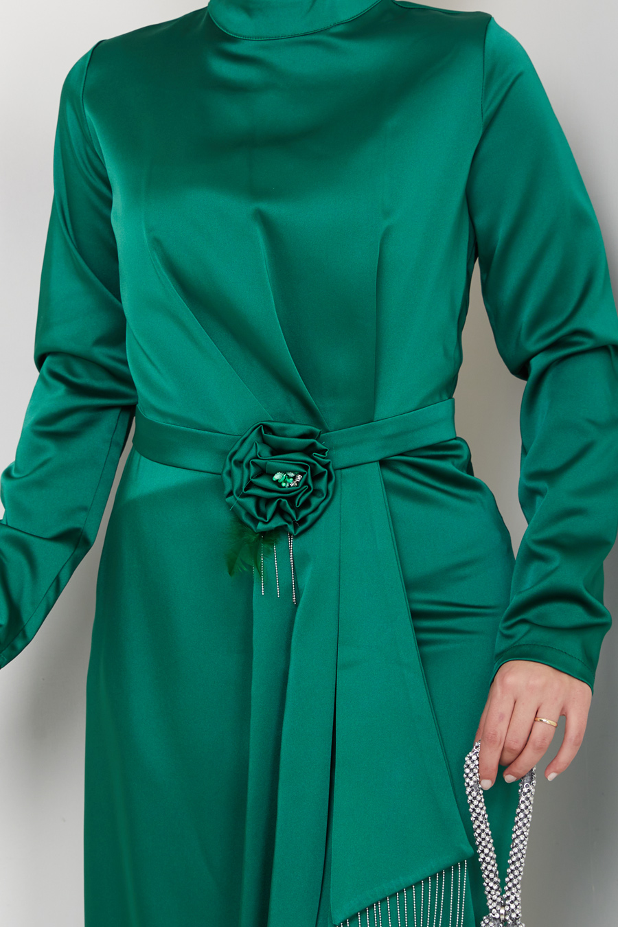 Düz Kesim Tesettür Abiye Elbise - Yeşil