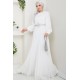 Çiçek Detaylı Tesettür Abiye Elbise -BEYAZ