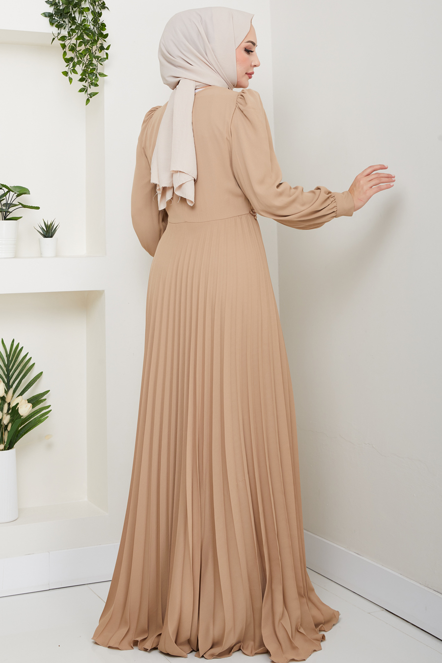 Çiçek Detaylı Tesettür Abiye Elbise -GOLD