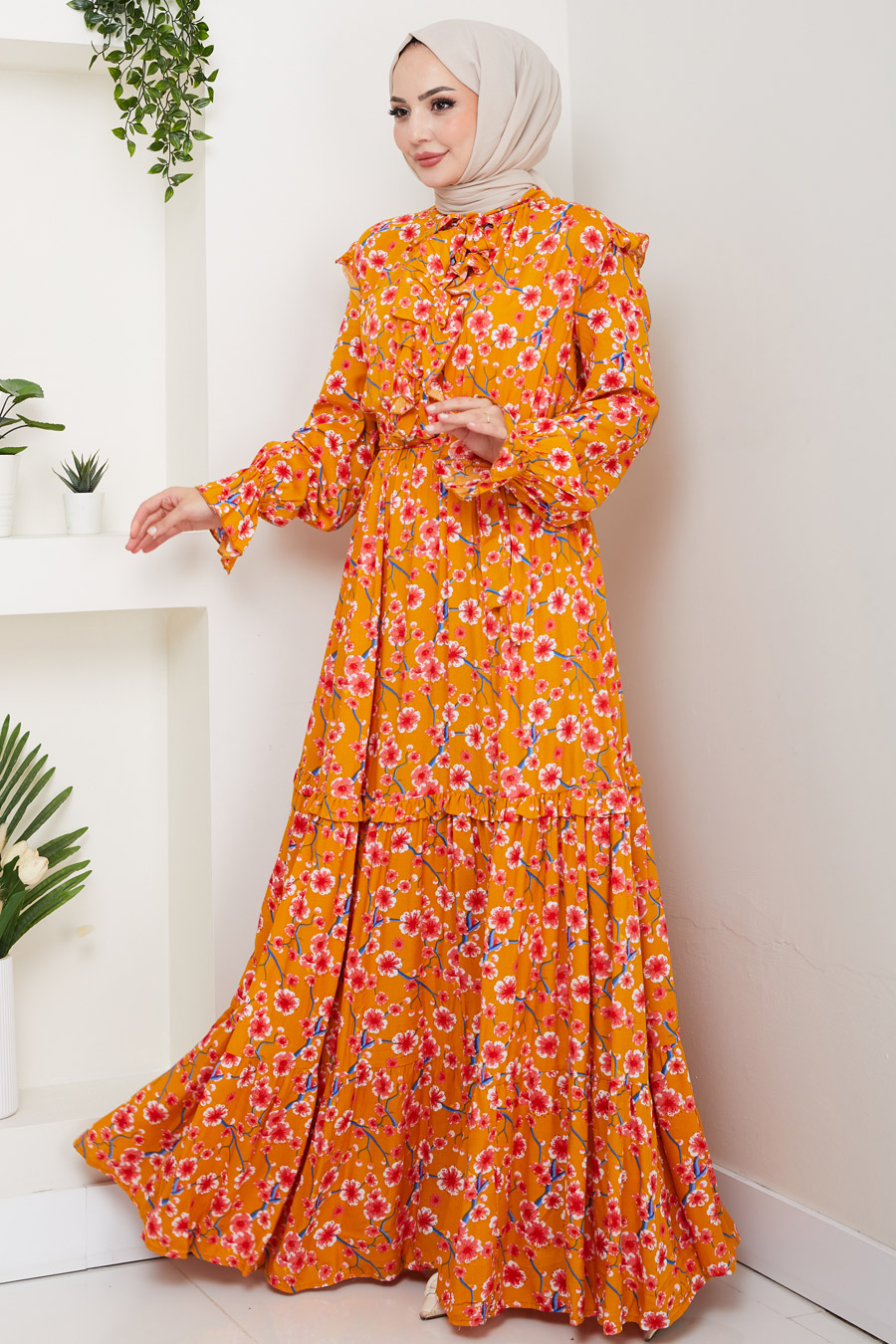 Çiçek Desenli Tesettür Elbise - Hardal