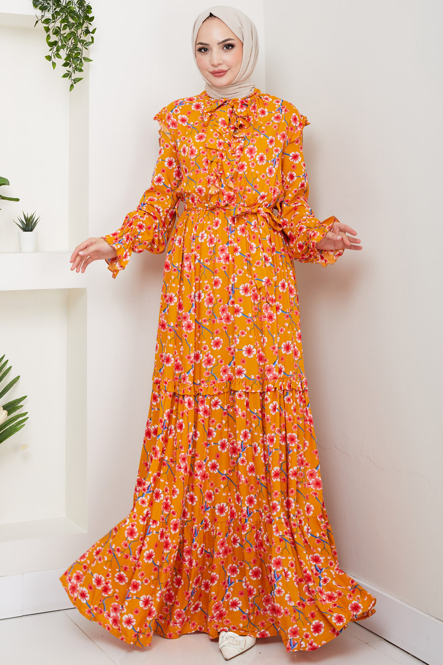 Çiçek Desenli Tesettür Elbise - Hardal